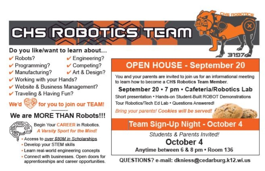 frc_3197's tweet photo. Hexhound Robotics Open House informational night is happen Tuesday September 20th at 7pm in the CHS LGI/Cafeteria. Robot demos, short presentation and cookies! Come see what we are all about! #morethanrobots https://t.co/4vidpPjNie