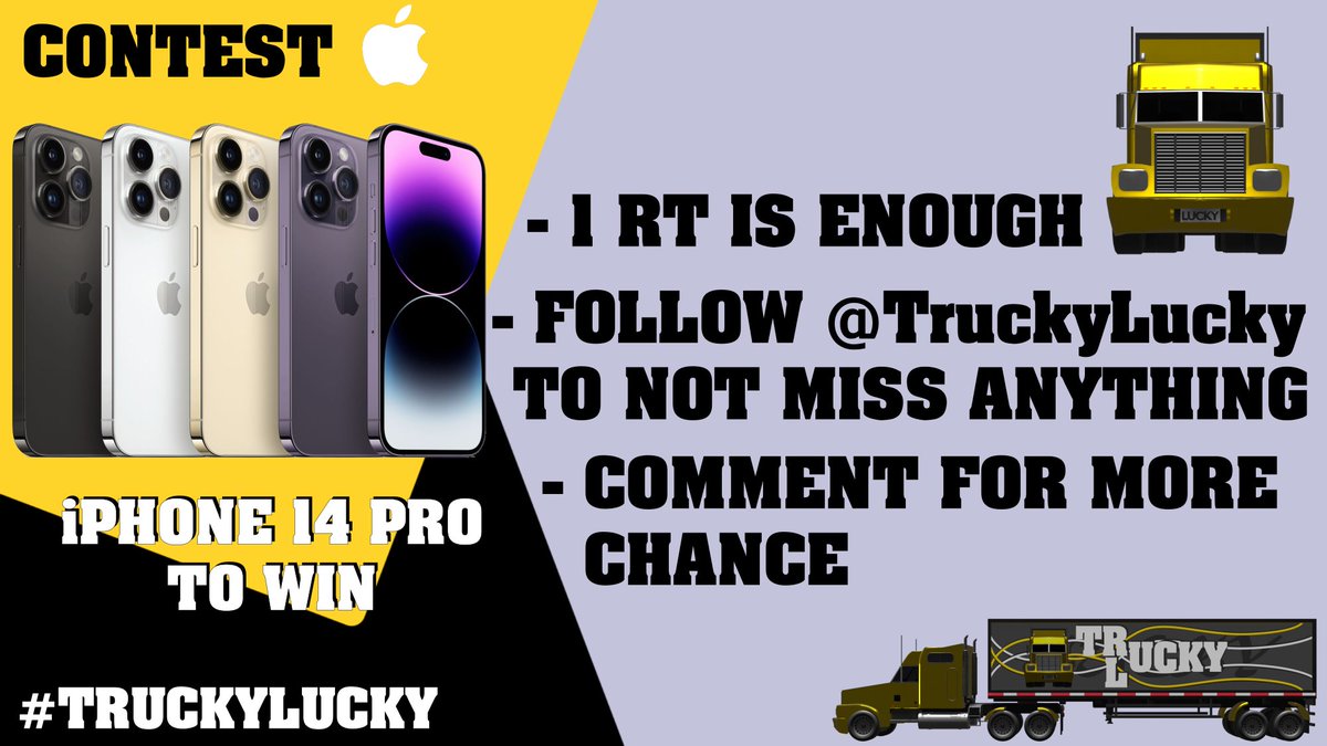 TruckyLuckyApp's tweet photo. #Contest #Game
🎁📱Win the new @Apple iPhone 14 Pro!
Launch tomorrow

- 1 #RT is enough

🍀More chance:
📲 On app https://t.co/sJv96QsT5d
💬 Comment with mentions

Follow @TruckyLuckyApp for more contests.

#Giveaway #TruckyLucky #iPhone #iPhone14 #iPhone14Pro #Apple #AppleEvent https://t.co/p9TYIPTy1i
