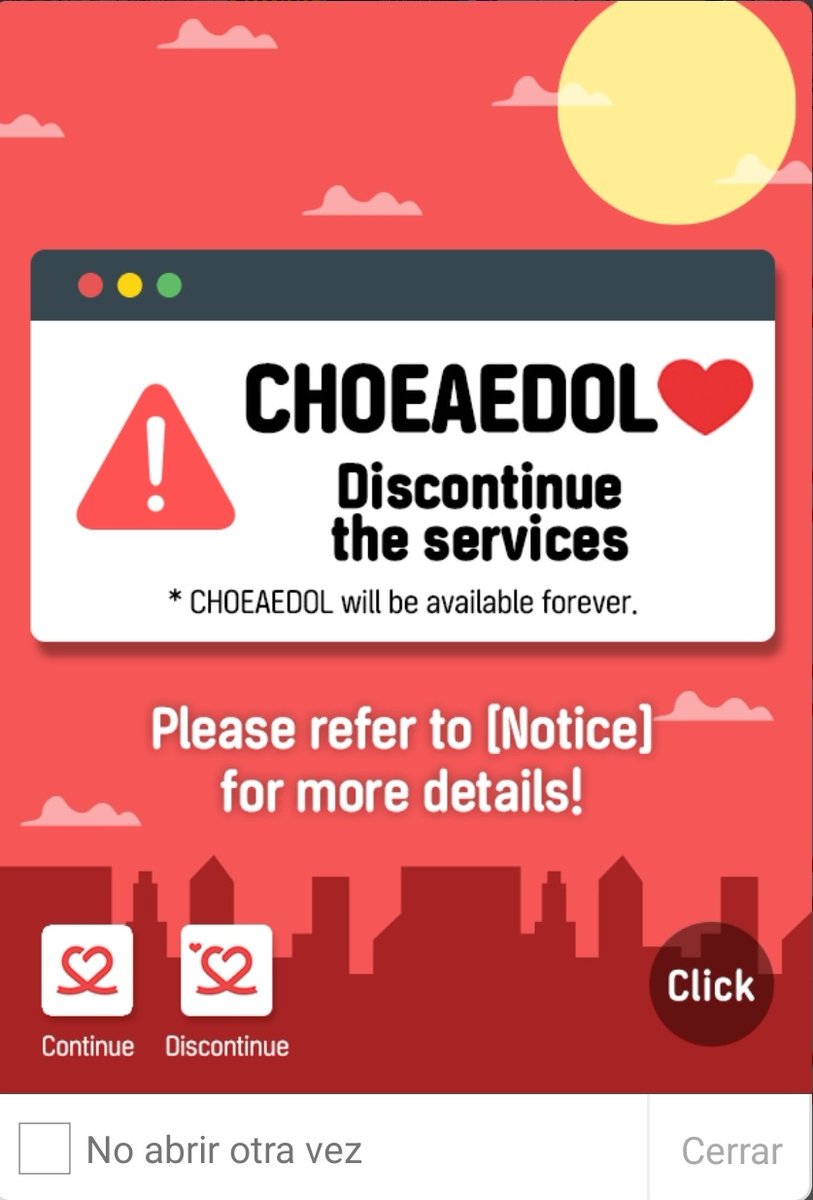 OasisRSV's tweet photo. ⚠️Aviso sobre [ Choeaedol ❤️ apk ]

 La aplicación de Choeaedol corazón rojo ) se suspendió a partir de agosto del 2022 y ya no funcionará en 2023.

Si tiene una cuenta en la aplicación Choeaedol ❤️ podrás transferir tu cuenta a otra aplicación Choeaedol.
#EXO @weareoneEXO https://t.co/gndI0lnQMA
