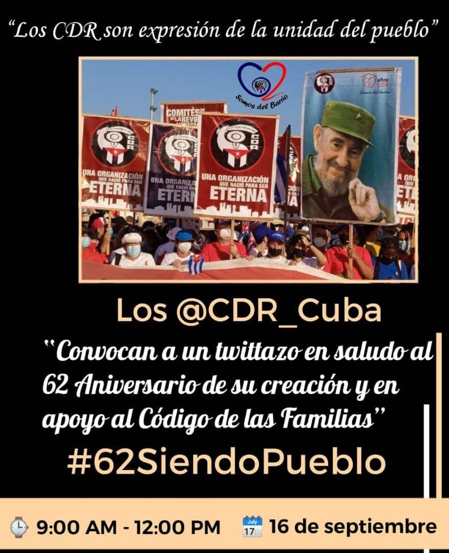 GHNordelo5's tweet photo. ¡Arriba la gran familia cederista¡ Entre 9 am y 12 pm: ¡A tuitear! #62SiendoPueblo #Cuba #CódigoSí #CDRCuba #SomosDelBarrio https://t.co/yCqpESJB7H