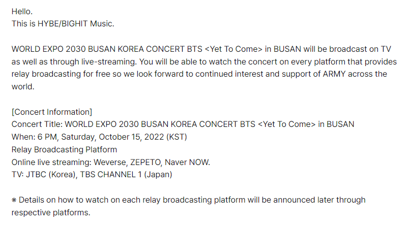 YDMM07HOBI's tweet photo. WORLD EXPO 2030 BUSAN KOREA CONCERT BTS <Yet To Come> en BUSAN se transmitirá por televisión y en vivo💜📸

Cuándo: 15 de octubre de 2022 a las 6 PM. KST
 (+) https://t.co/jqkccnfrGC