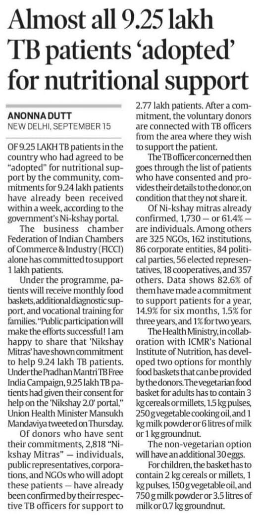 Almost all 9.25 lakh TB patients adopted for nutritional support. TB Harega, Desh Jeetega!