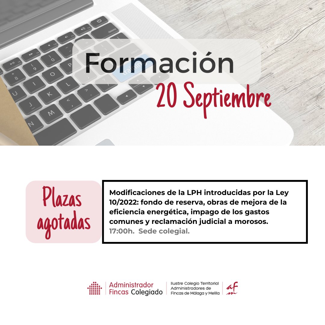 CAFMalagaES's tweet photo. Agradecer a nuestros #AFColegiados la buena acogida que ha tenido el curso: Modificaciones de la LPH introducidas por la Ley 10/2022. 
🎟️Habéis conseguido agotar todas las plazas. 
🔜Próximamente abriremos otra convocatoria.
#CAFMálaga
#Formación
#Formacionpresencial https://t.co/itzwlUyXRJ