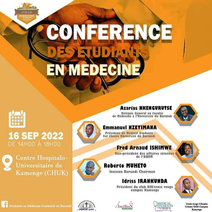 C'est dans quelques heures au <a href="/ChuKamenge/">CHUKamenge</a> . Echange autour du thème général de la journée : "Etudiant en médecine au service de la communauté" à travers le sujet "Parlons cuisine : Recette d'un médecin engagé et responsable socialement"