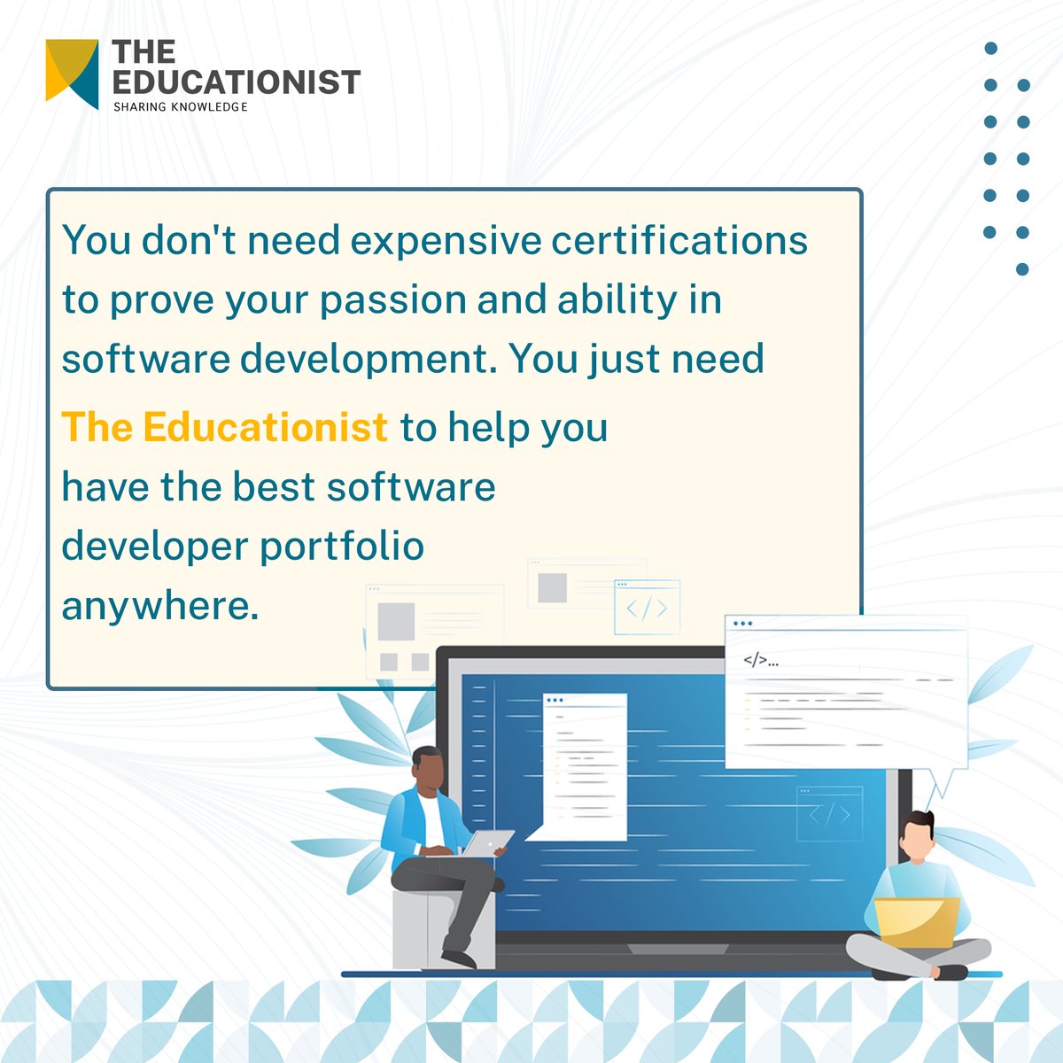 atEducationist's tweet photo. To be successful, all you need is passion and dedication. If you have these and you enroll yourself at The Educationist, there's nothing that you will not be able to achieve. Set your goals right!! 
.
.
.
#theeducationist #frontenddeveloper #sharingknowledge #training #Advanced https://t.co/OISTmCKleU