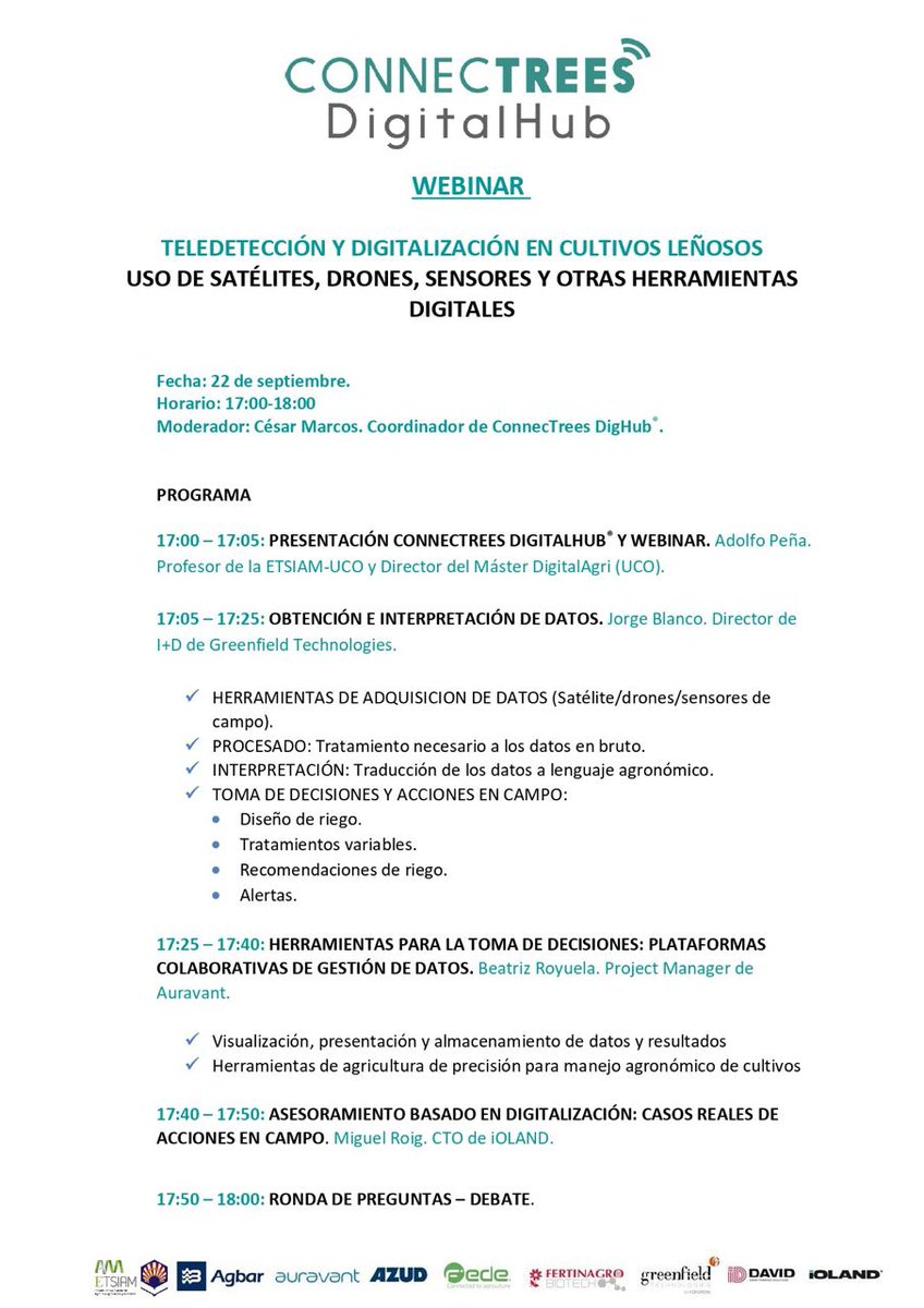 MiguelCordobaP's tweet photo. @ConnecTreesDig  arranca el curso con un #webinar sobre #tecnología para #leñosos. Se explicará el proceso  de #digitalización de una explotación usando #sensores #satélites, #drones Participan @ETSIAMCordoba , Adolfo Peña @georgequeso @BeatrizRoyuela Miguel Roig, @CsarMarcos https://t.co/i7833knVwS