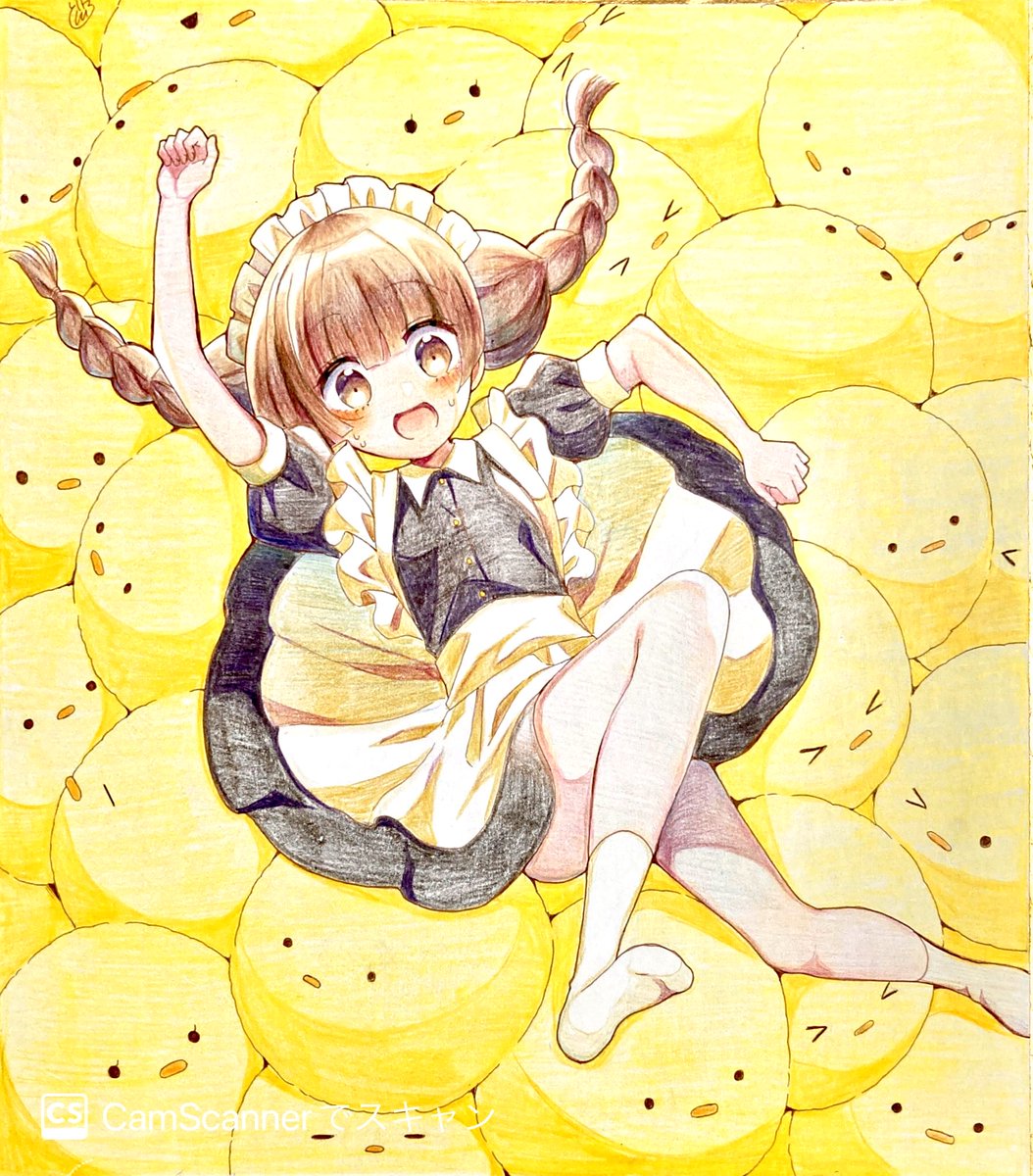 ひよこまみれになるメイド🐥🐥🐥
#ヲトメツバキ
#色鉛筆
#創作 
