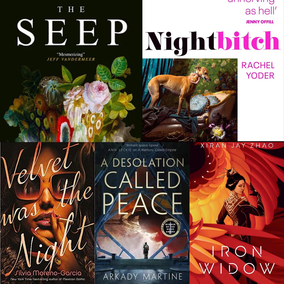 TheKitschies's tweet photo. The Inky Tentacle for cover art:

⚫The Seep - Cover by Julia Lloyd
⚫Iron Widow - Cover by Ashley Mackenzie
⚫Nightbitch - Cover by Suzanne Dean
⚫Velvet Was The Night - Cover by Faceout Studio &amp; Tim Green
⚫ A Desolation Called Peace - Cover by Jaime Jones https://t.co/PxfiCo0mME