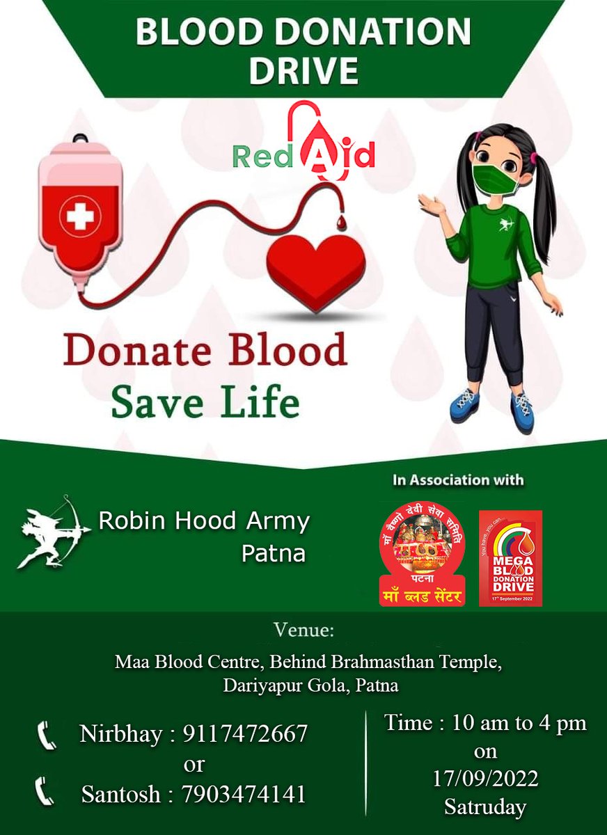 archanasingh_'s tweet photo. Donate Blood &amp; Save Life. Attend the #BloodDonationDrive by @rha_India at @maabloodcentre, Patna on 17th September, 2022 between 10 AM to 4 PM. https://t.co/PkkqHP8t8s