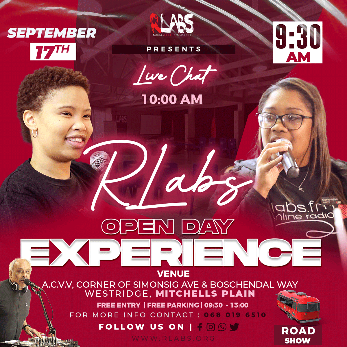 RLabs's tweet photo. Join our Live Chat this Saturday 17th September at 10:0AM with Genevieve Adams and Chenique Jacobs keeping us informed about everything happening at our Open Day. 

#RLabs #MakingHOPEContagious #Expansion #OpenDay #RLabs2022 #communityopportunity #mitchellsplain #westridge https://t.co/IEPPKjRt5g