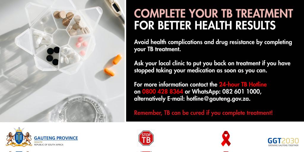 GautengHealth's tweet photo. Ask your local clinic to put you back on TB treatment if you stopped taking your medication as soon as you can #CheckaImpilo https://t.co/wM3bRyjw2N