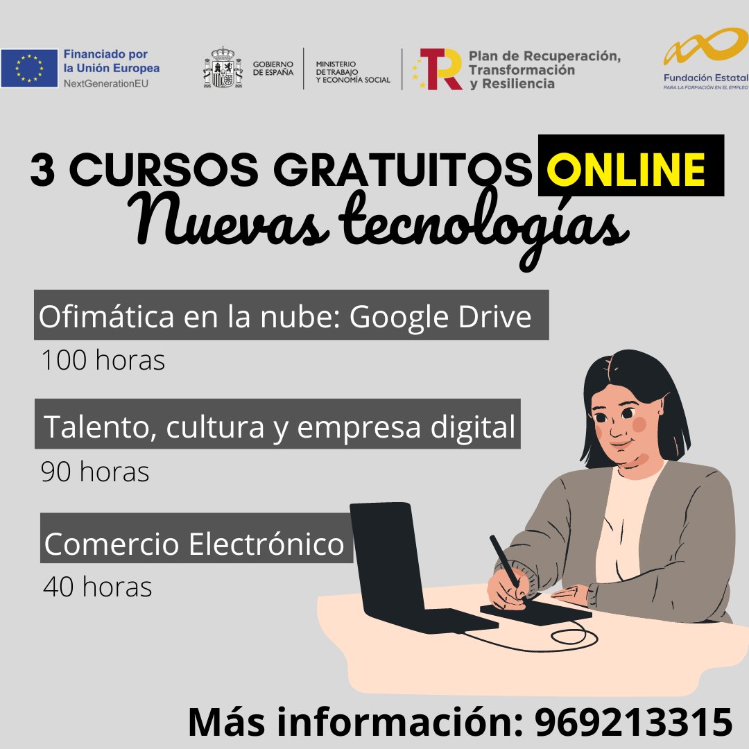 💻 Apúntate ya a estos cursos ONLINE:
📌𝐎𝐟𝐢𝐦á𝐭𝐢𝐜𝐚 𝐞𝐧 𝐥𝐚 𝐍𝐮𝐛𝐞: 𝐆𝐨𝐨𝐠𝐥𝐞 𝐃𝐫𝐢𝐯𝐞: bit.ly/3U8aLR4
📌𝐓𝐚𝐥𝐞𝐧𝐭𝐨, 𝐜𝐮𝐥𝐭𝐮𝐫𝐚 𝐲 𝐞𝐦𝐩𝐫𝐞𝐬𝐚 𝐝𝐢𝐠𝐢𝐭𝐚𝐥: bit.ly/3DpBumm
📌Ecommerce: bit.ly/3SbI4AO