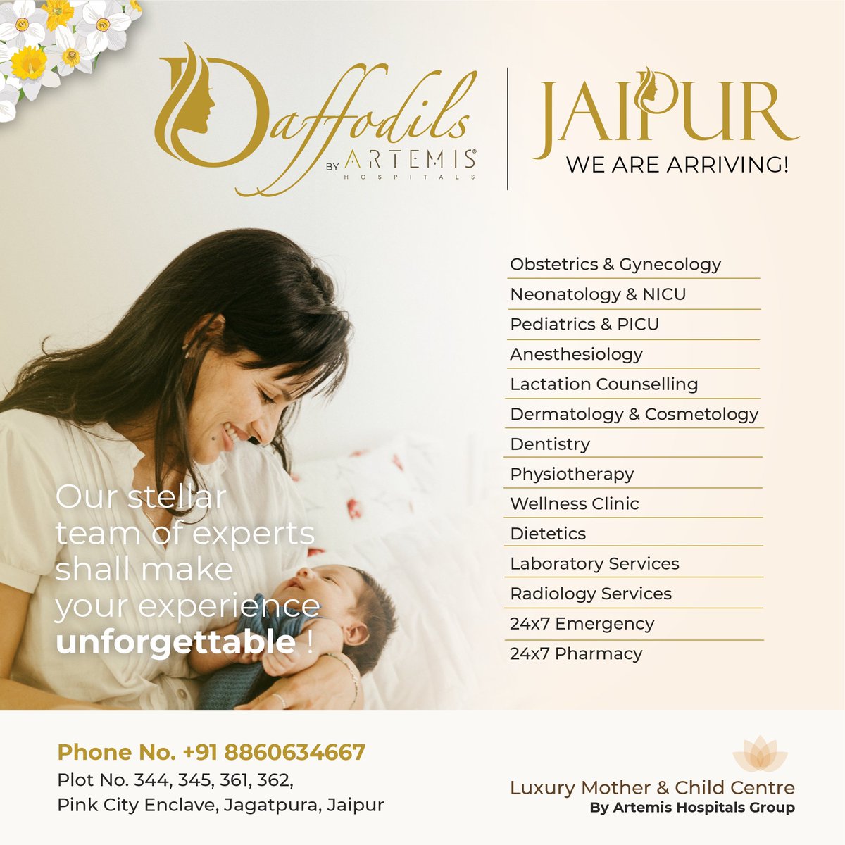 HospitalArtemis's tweet photo. At #DaffodilsbyArtemis, our stellar team of experts will take care of all your needs before & after #pregnancy as well to make your experience unforgettable.
Coming soon in your city at Pink City Enclave, Jaipur.
For queries call: +91 8860634667
#NowOpening #multispeciality https://t.co/MEAok7Cl8n