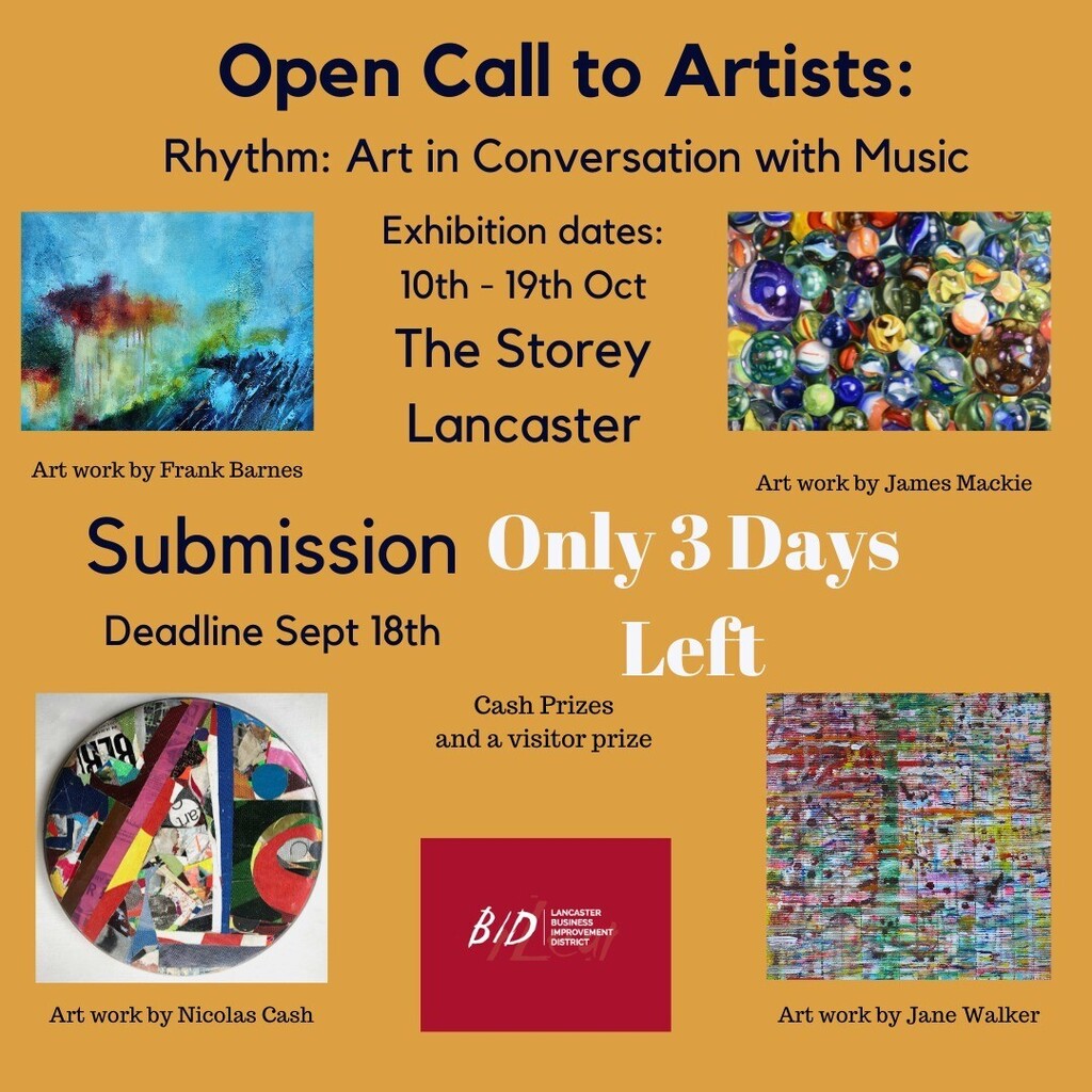 Only 3 days left for submissions to our 3rd Exhibition celebrating some of the overlapping energies of creativity: art and music. The exhibition starts just before and closes just after the Lancaster music festival. We have already had some great submiss… instagr.am/p/Cij23rOM5DV/