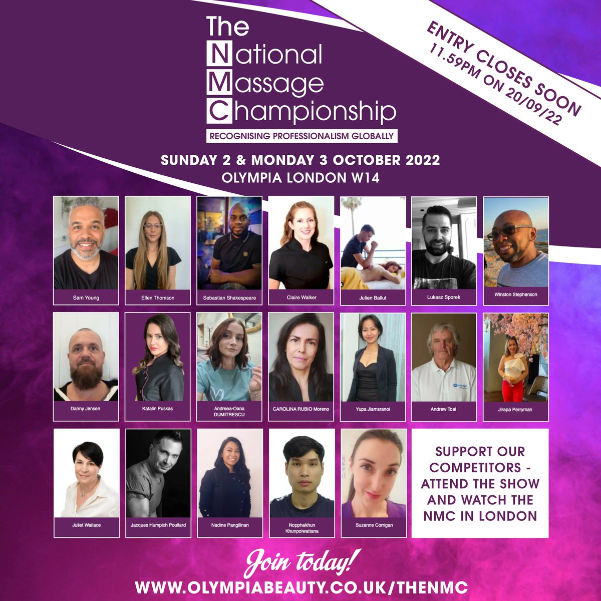 We're so excited to welcome all of our incredible competitors to The National Massage Championship 2022 in just 2 weeks' time! Here's who we have joining us so far... who'll be next? buff.ly/2Ig4ehv #loveolympiabeauty #massage #massagetherapist #salonowner #spaowner
