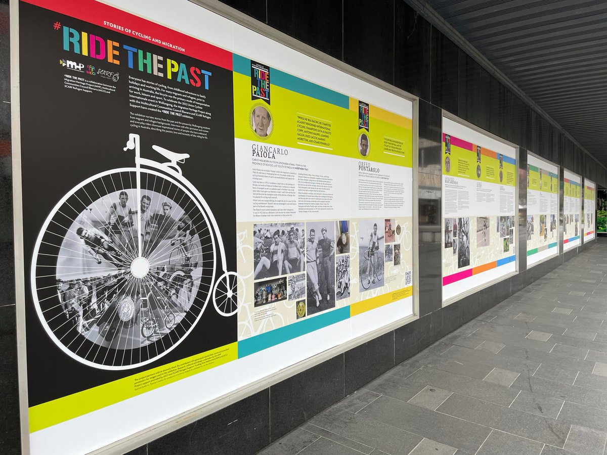 In Wollongong for @wollongong2022 🚴🏻‍♀️🚴‍♂️? Then check out the #RideThePast exhibition on Crowne Street. It features 14 stories of migrants and refugees cyclists from around the world living in the Illawarra. Ride the Past is part of Spin Fest - a city-wide community celebration!