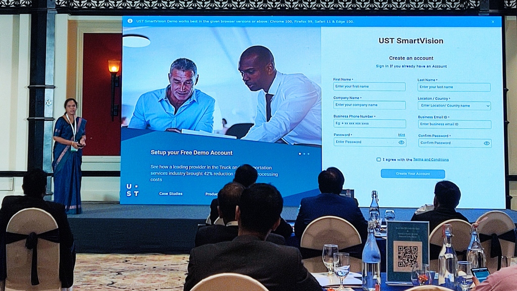 USTSmartOps's tweet photo. UST's Surya Nandakumar demonstrating our new SmartVision demo platform at our exclusive event in Mumbai. Next week we are in Bangalore at the Shangri-La, reserve your place now https://t.co/sL7XvkWoNz
#SmartVisionLaunchMumbai
#SmartVision
#USTSmartOps
#UST
#IDP
#BoundlessImpact https://t.co/uAAkvoSGBi