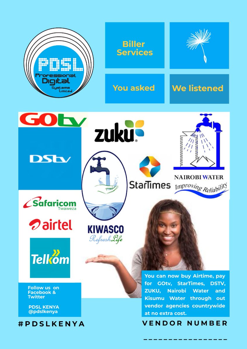 venditkenya's tweet photo. Dear customer, 
PDSL introduces to you an easier way of paying your bills. Kindly visit our vendor agencies countrywide for quality services at no extra cost.
#utilityvending https://t.co/p8eSAPNaov