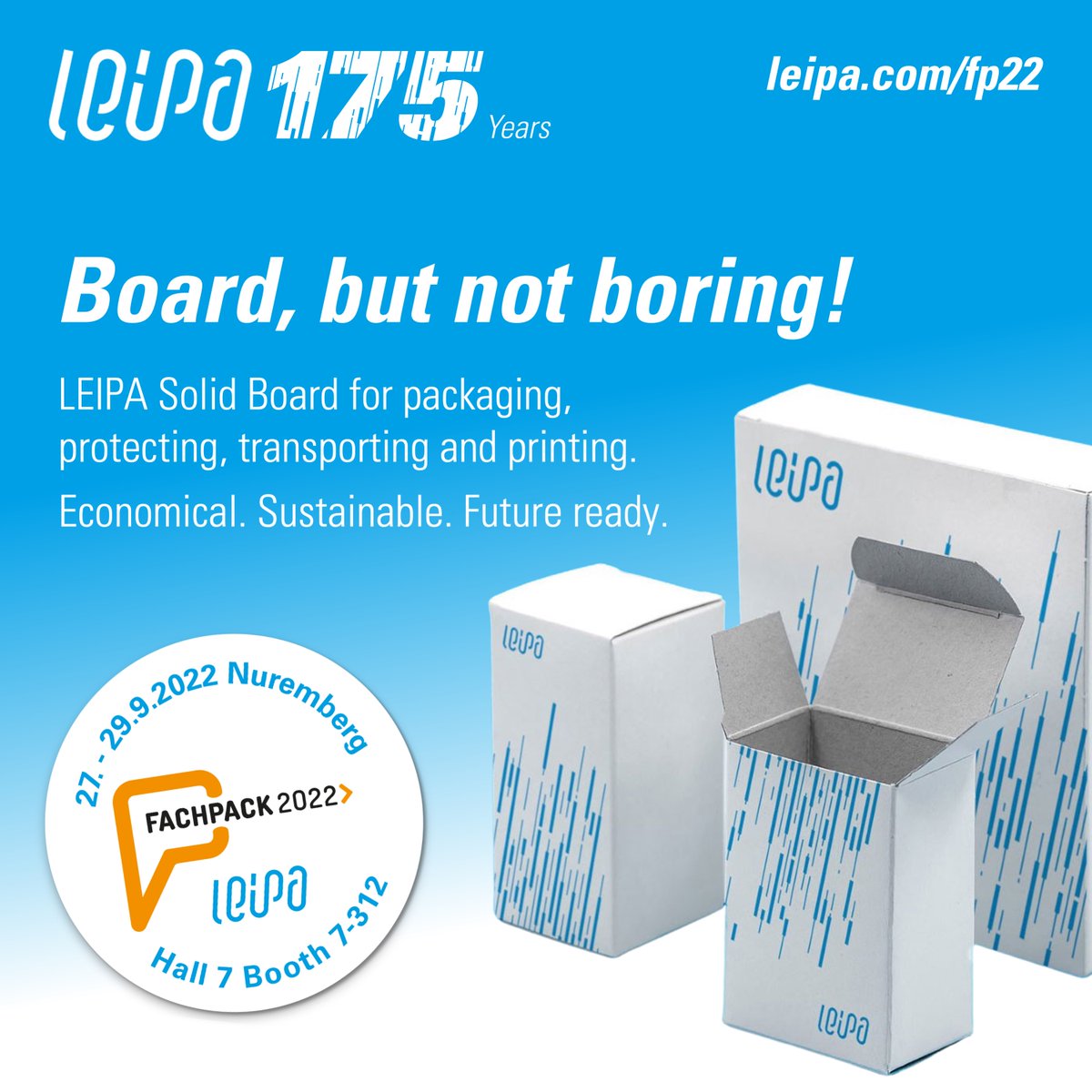 Leipa_Group's tweet photo. LEIPA at #FACHPACK 2022 - booth 7-312/hall 7!
We are looking forward to meet you!
Please visit https://t.co/cjDzo0vyBx for all details and information about our sustainable products and solutions as well as our offerings for live presentations.
#LEIPA #LEIPAgroup #Packaging https://t.co/kmw4bjR5uJ