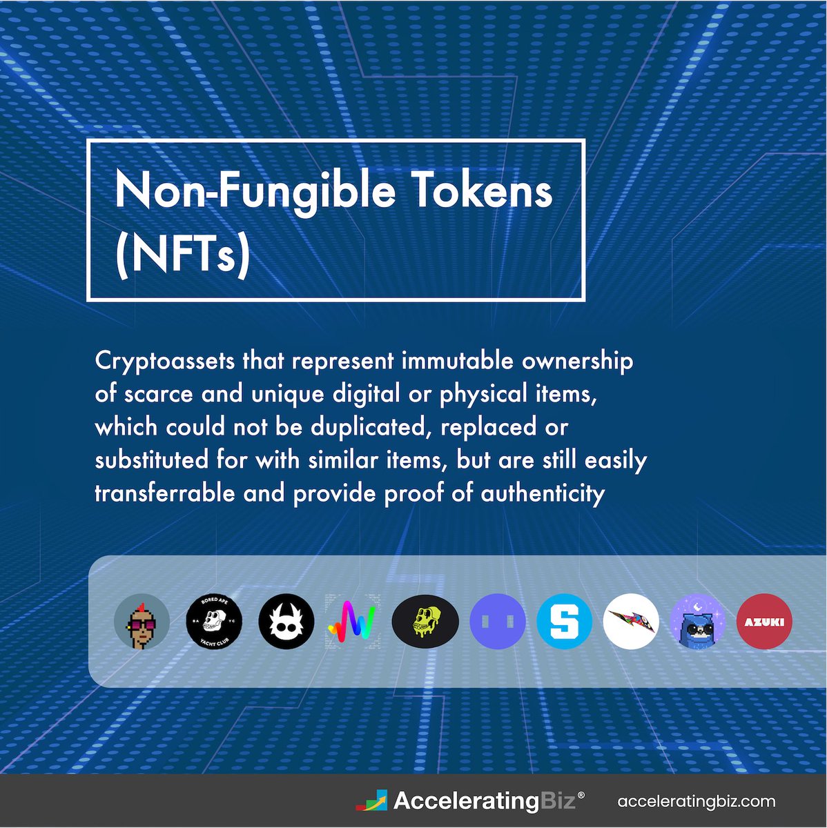 AcceleratingBiz's tweet photo. What are #NFTs?

Non-fungible tokens are #cryptos that represent ownership of scarce and unique items. Not just  “overpriced jpegs,” many NFT projects are innovating new forms of utility, attracting brands, and creating billions of US$ in value.

More at: https://t.co/mHiCd1rjCH https://t.co/DQWCQcXNsP