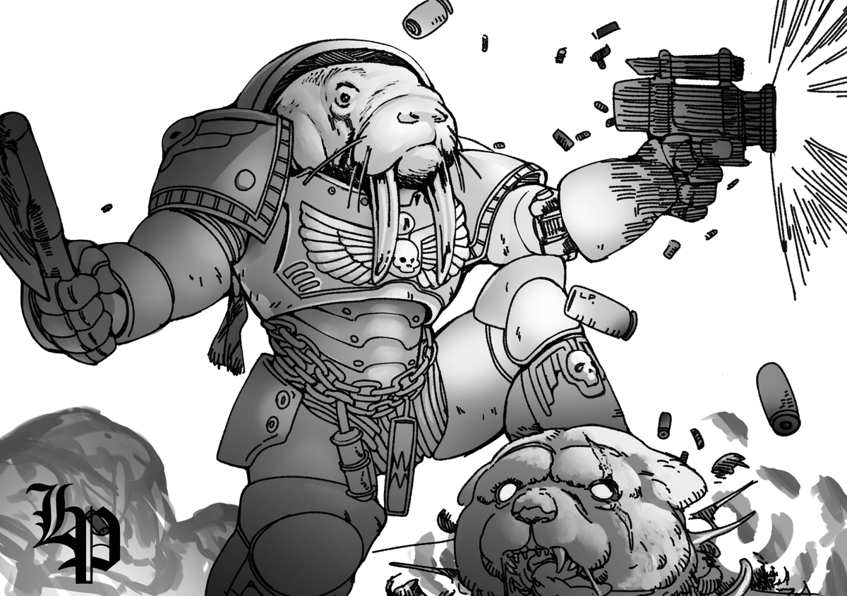 LucioPellicano's tweet photo. Some days ago I went to Genova Comics &amp; Games in Artist Alley... it was fun!
Thumbs up for the random commission I've done:
A walrus shooting in a sci-fi war against polar bears.

Censore bcs violence! https://t.co/A4M3ciWyk2