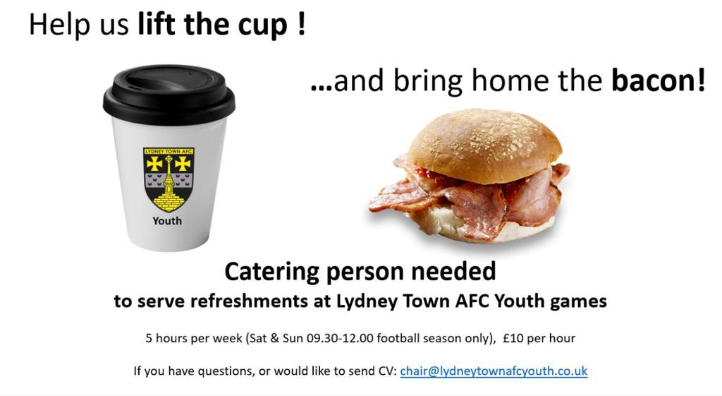 Wanted
Someone to run our Tea hut for Saturday morning games.
Serving teas, coffees and bacon sandwiches for the spectators at our youth football venue
5hrs a week, £10 an hour
If your interested please get in contact or contact a committee member.