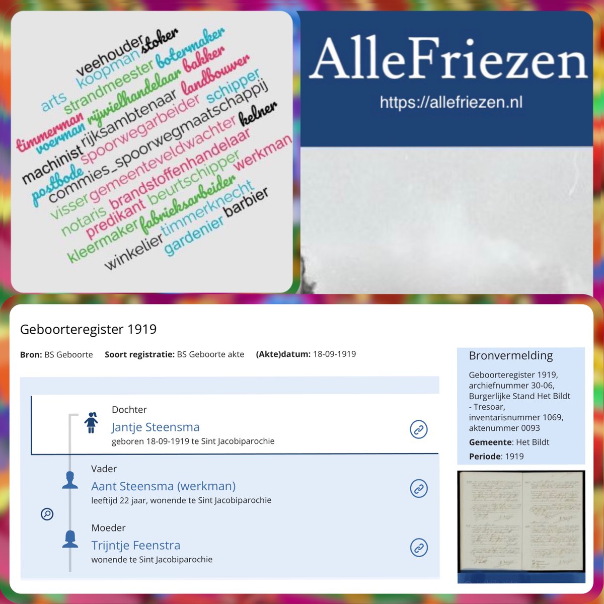 AlleFriezen's tweet photo. In 1919 werden op Het Bildt 72 meisjes en 72 jongens geboren. Op 18 september 1919 werd Jantje geboren, dochter van Aant Steensma (werkman) en Trijntje Feenstra. De geboorteakten van Het Bildt 1919 staan nu ook op AlleFriezen.
#stamboomonderzoek #genealogie #waadhoeke #hetbildt https://t.co/M8emo2Sr3n