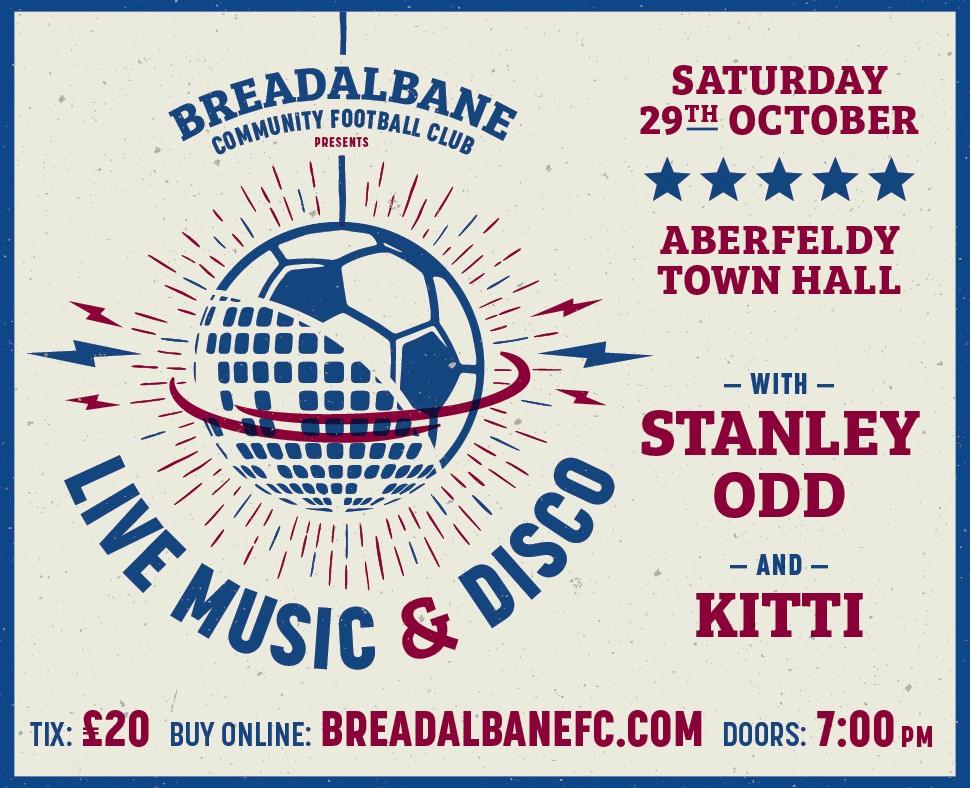 Tickets for the much anticipated return of the Aberfeldy Music Festival.....but this year its a joint fundraiser for the development of both Youth &amp; Adult football in the area!
Combining football fans &amp; music fans to raise the roof for football in the community