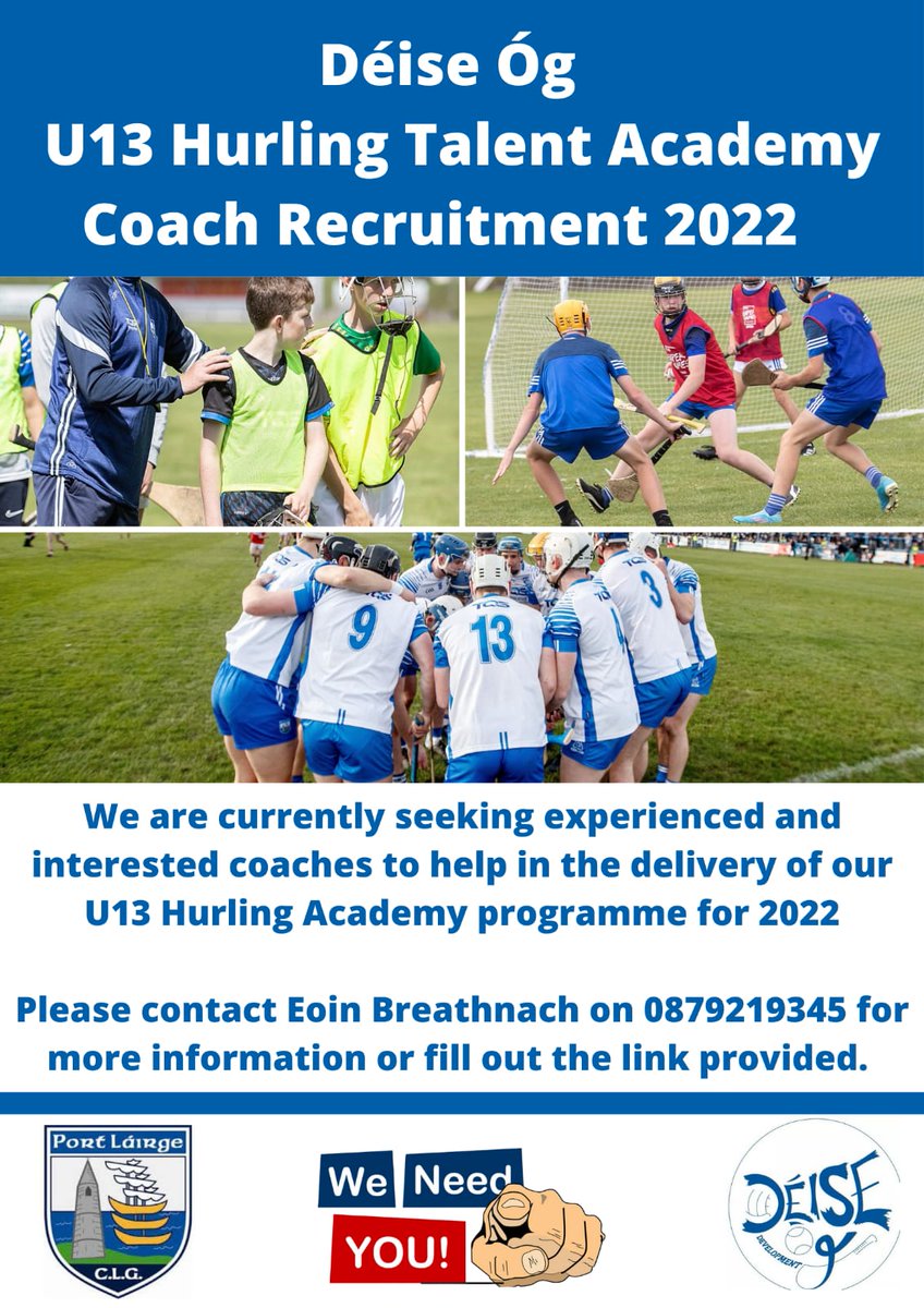 Waterford Coaching and Games are currently recruiting U13 hurling mentors to assist with the coaching of our U13 program. If interested please contact Eoin Breathnach <a href="/WaterfordGAACG/">Déise Óg Waterford</a> or fill out - 

forms.office.com/r/Ai94gZgn7D