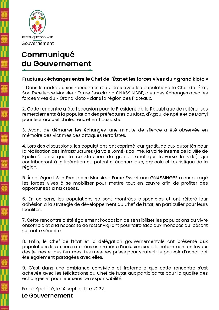 GouvTg's tweet photo. Dans le cadre de ses rencontres régulières avec les populations, le Chef de l'État, SEM @FEGnassingbe , a eu des échanges avec les forces vives du « Grand Kloto » dans la région des Plateaux.

Les détails de la rencontre dans le communiqué ci-dessous. ⬇️
#Togo https://t.co/uOivlwxLq9