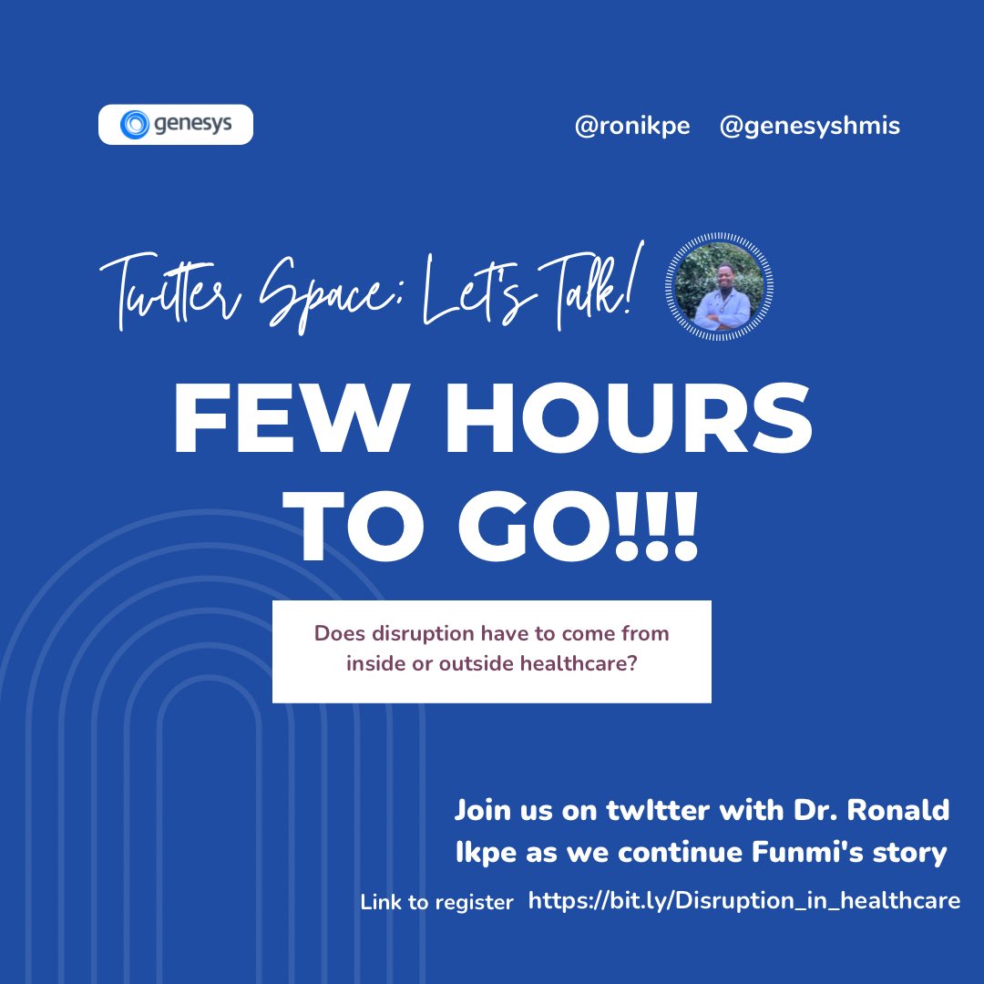Genesyshmisng's tweet photo. Few hours to go!!!💃

Join us on our Twitter space as we discuss the topic 'does disruption have to come from inside or outside healthcare’ with @ronikpe.

See you in a few! Click on the link to register 👇

⏰ : 6:00 Pm

 🗓: Today

📍: Twitter Space

🔗: https://t.co/2twJXHeFQO https://t.co/usOtyyIjYE