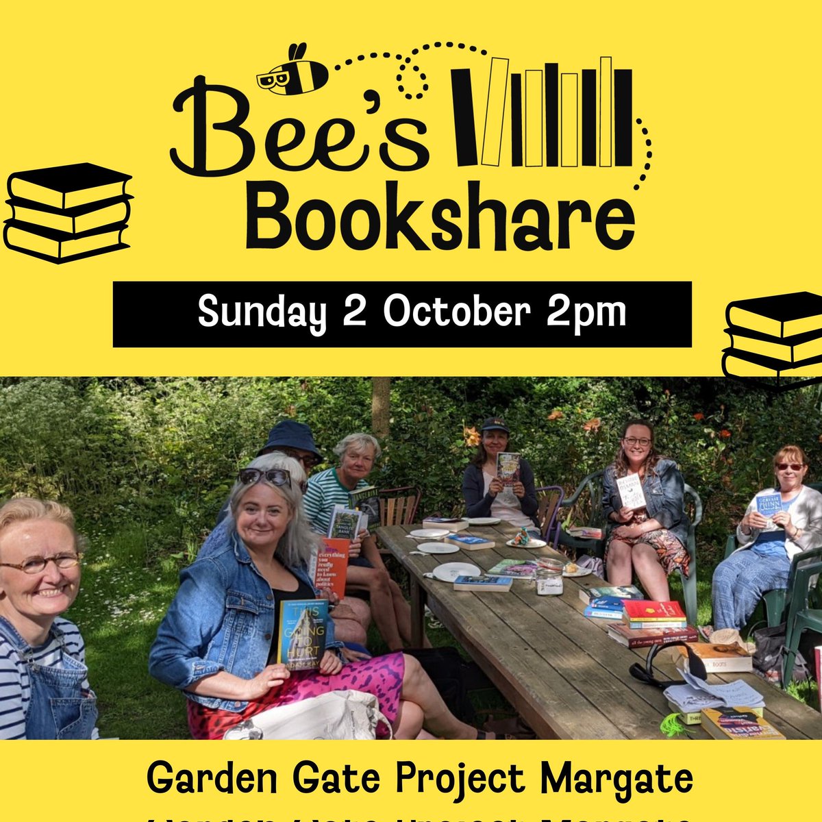 Next Bee's Bookshare Sunday 2 October 2pm at Garden Gate Project #Margate *please note that this is a date change*
Book swap // cake // lovely people // good times 
beesbookshare.co.uk for deets
#beesbookshare
