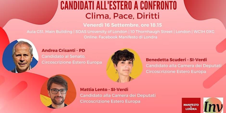Ci vediamo questa sera per parlare di pace, migrazioni, diritti, emergenza climatica con i candidati della circoscrizione estero Andrea Crisanti, Benedetta Scuderi, Mattia Lento. Iniziamo alle 18.15 (UK) alla SOAS University e in diretta Facebook. 

#ElezioniPolitiche2022