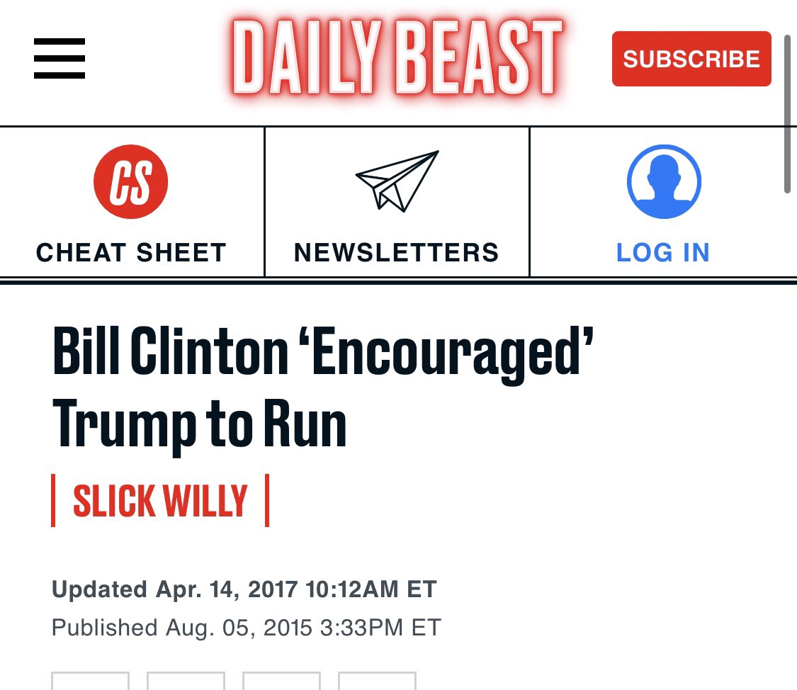 JRando3000's tweet photo. @cruz4576 @22Coach_Moore Yep. And Trump’s friend Bill Clinton called him and told him to run against his wife. https://t.co/sI6tymFkS0