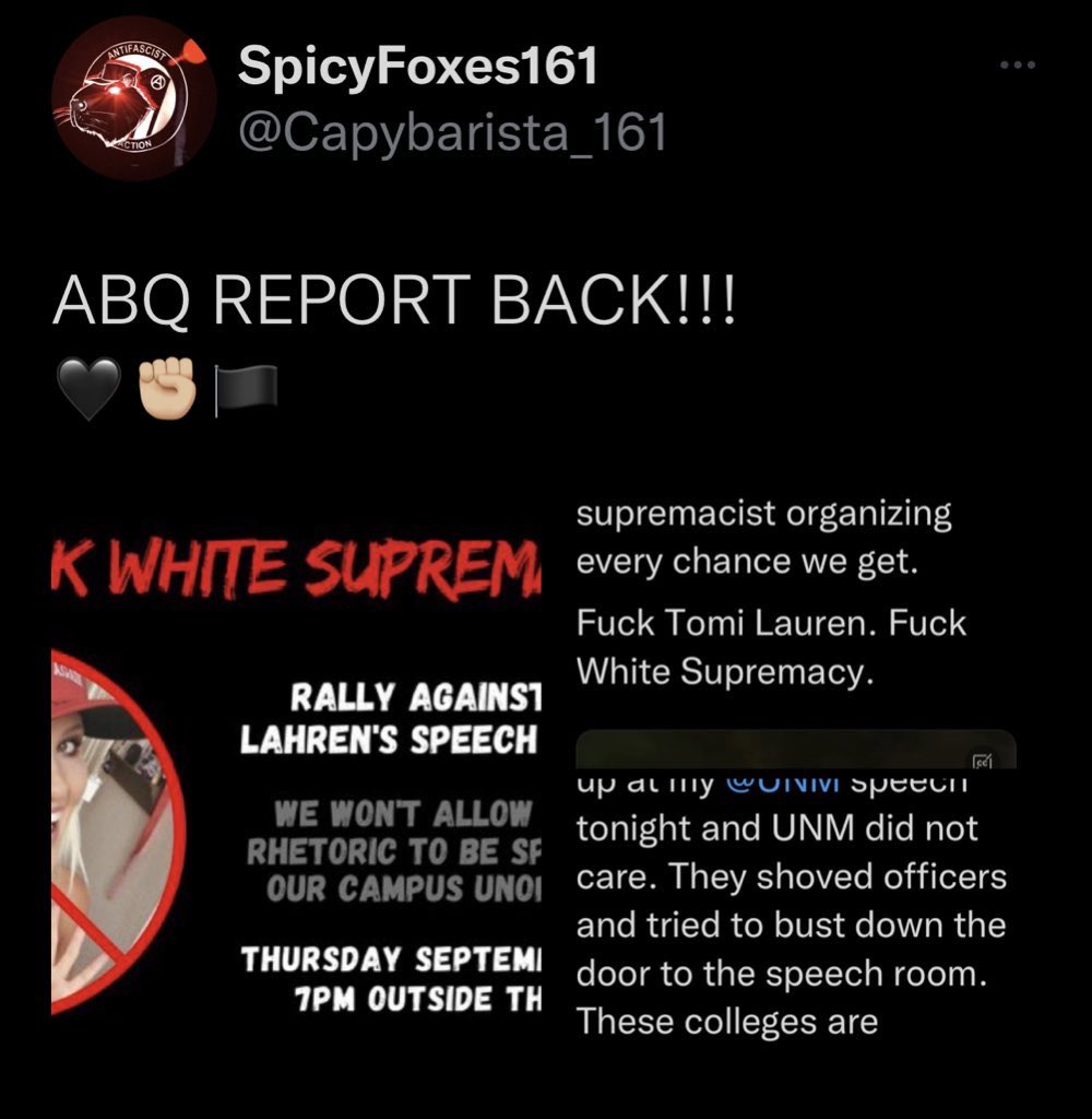 MrAndyNgo's tweet photo. #Antifa &amp; far-left accounts are taking credit for shutting down Tomi Lauren’s campus speaking event at @UNM. The extremist movement views freedom of expression as intolerable, &amp; uses violence or threat of violence to suppress speech. https://t.co/iTDD12AU2k
