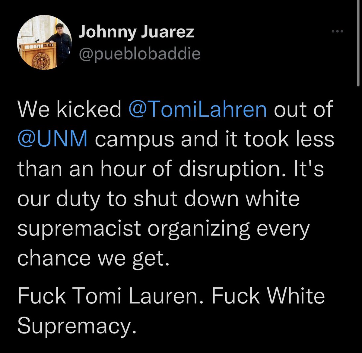 MrAndyNgo's tweet photo. #Antifa &amp; far-left accounts are taking credit for shutting down Tomi Lauren’s campus speaking event at @UNM. The extremist movement views freedom of expression as intolerable, &amp; uses violence or threat of violence to suppress speech. https://t.co/iTDD12AU2k