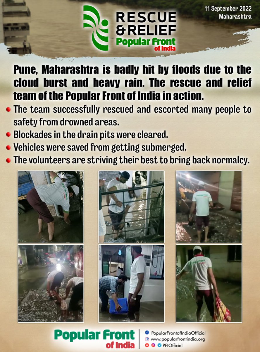PFI_MP's tweet photo. Rescue &amp; Relief by Popular Front of India. 
#PopularFrontofIndia #RescueAndRelief  #Floods2022 #Pune @PFI_Maharashtra #pfimp https://t.co/GlZ2p5kFPr