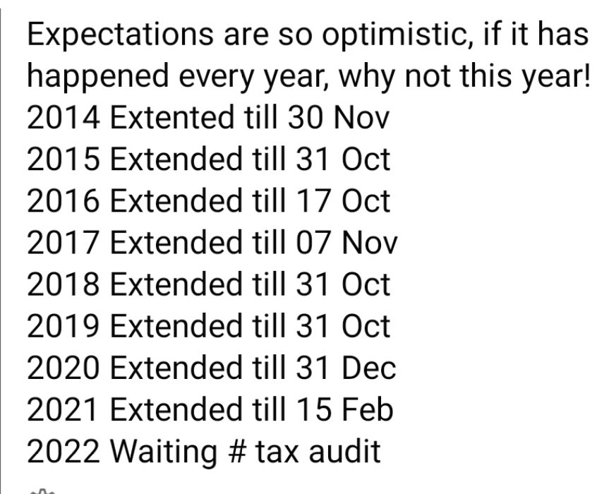 cahslamba's tweet photo. Sir, pls extend due date of filing of Tax Audit Reports, 10B etc. There are many reasons which may demand from Govt to extend Due date. As every year date extended, we expect this yr too, at least one month from 30th Sep to 31st Oct. @IncomeTaxIndia @nsitharaman @AbhasHalakhandi https://t.co/aWf3uYT4cW