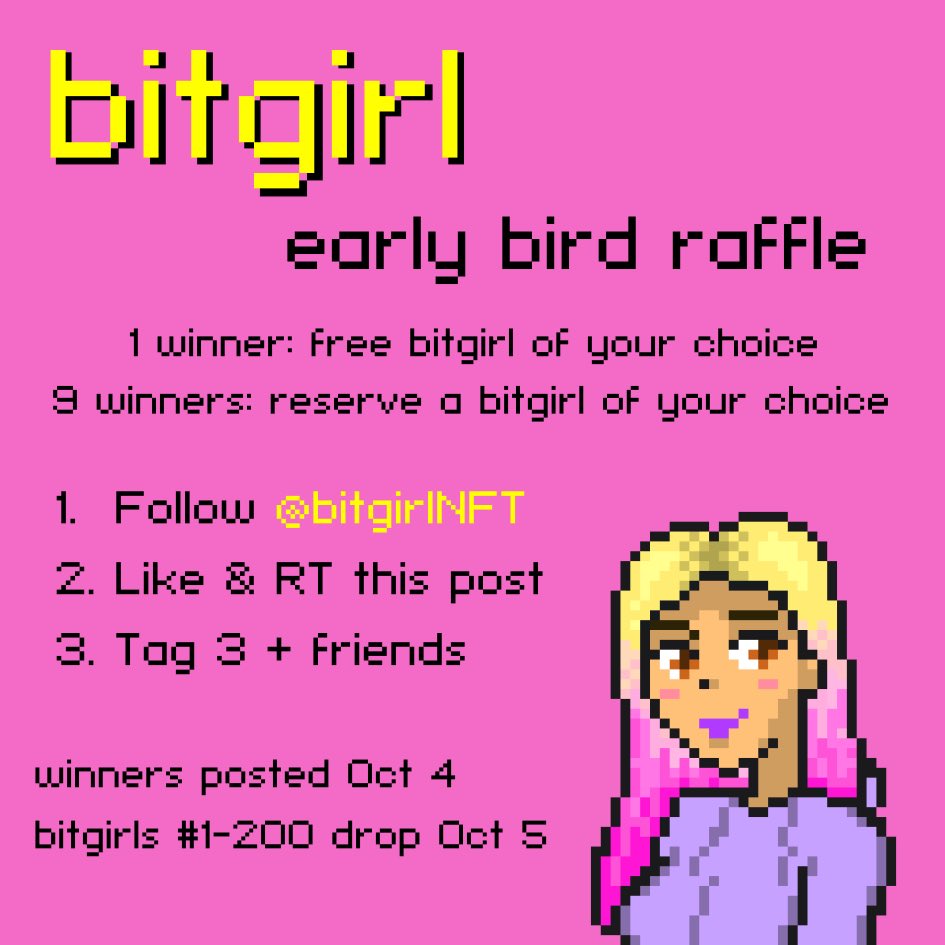 🎁 bitgirl #nft giveaway! 🎁  
stay tuned for updates and good luck! 😊✨
#NFTGiveaways #nftart #nftcollector #ethereum #opensea #NFTProject #nftdrop #NFTGiveaway