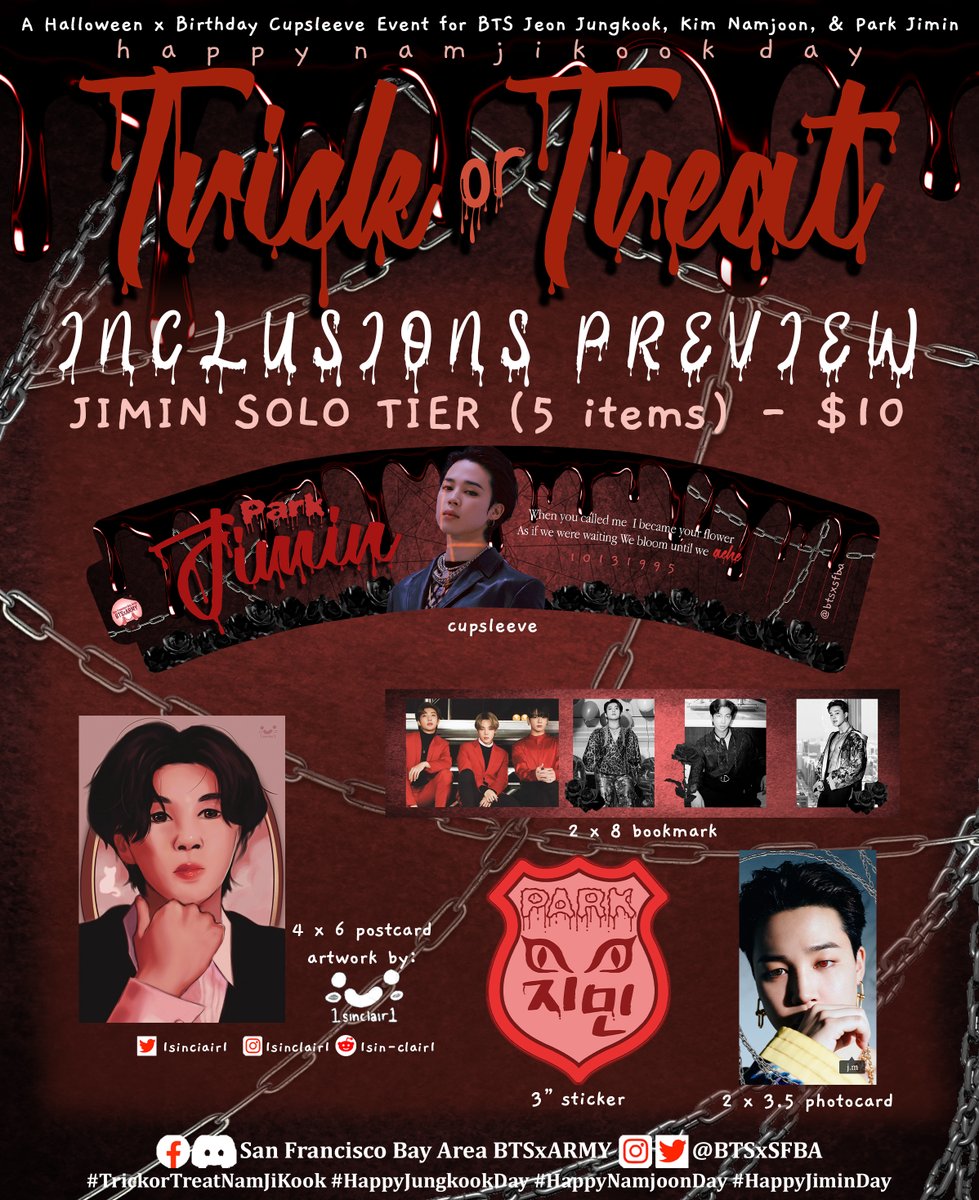 BTSxSFBA's tweet photo. INCLUSIONS PREVIEW
[9/17 @ 5:00PM - 10/1 @ 11:59PM]
—♡ https://t.co/JVwJI7daWE

We thank you in advance for your donations and we also thank @1sincIair1 for the beautiful postcard artworks. BORAHAE! ♡

#TrickorTreatNamjikook #HappyJungkookDay #HappyNamjoonDay #HappyJiminDay https://t.co/BoSvyXMPb5