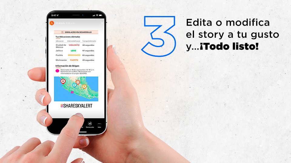 SkyAlertMx's tweet photo. Te dejamos esta guía para compartir tus stories del próximo #SimulacroSkyAlert en Instagram y Facebook desde tu SkyAlert app.

Toma en cuenta la intensidad y el tiempo estimado de arribo a tu localidad para tomar decisiones. ¡Lo más importante es tu seguridad!

#ShareSkyAlert https://t.co/NTlzi0bcWH