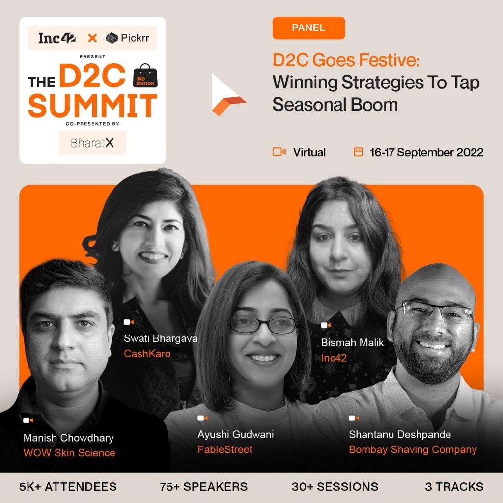 Swats26's tweet image. As D2C’s largest performance marketing partner in India, we have valuable insights. Look forward to sharing them today at @Inc42 #TheD2CSummit2022 today! With the amazing @chowdhary2013 @ayushigudwani @bismahmalik &amp;amp; @shantanukd 

#EcommerceConference