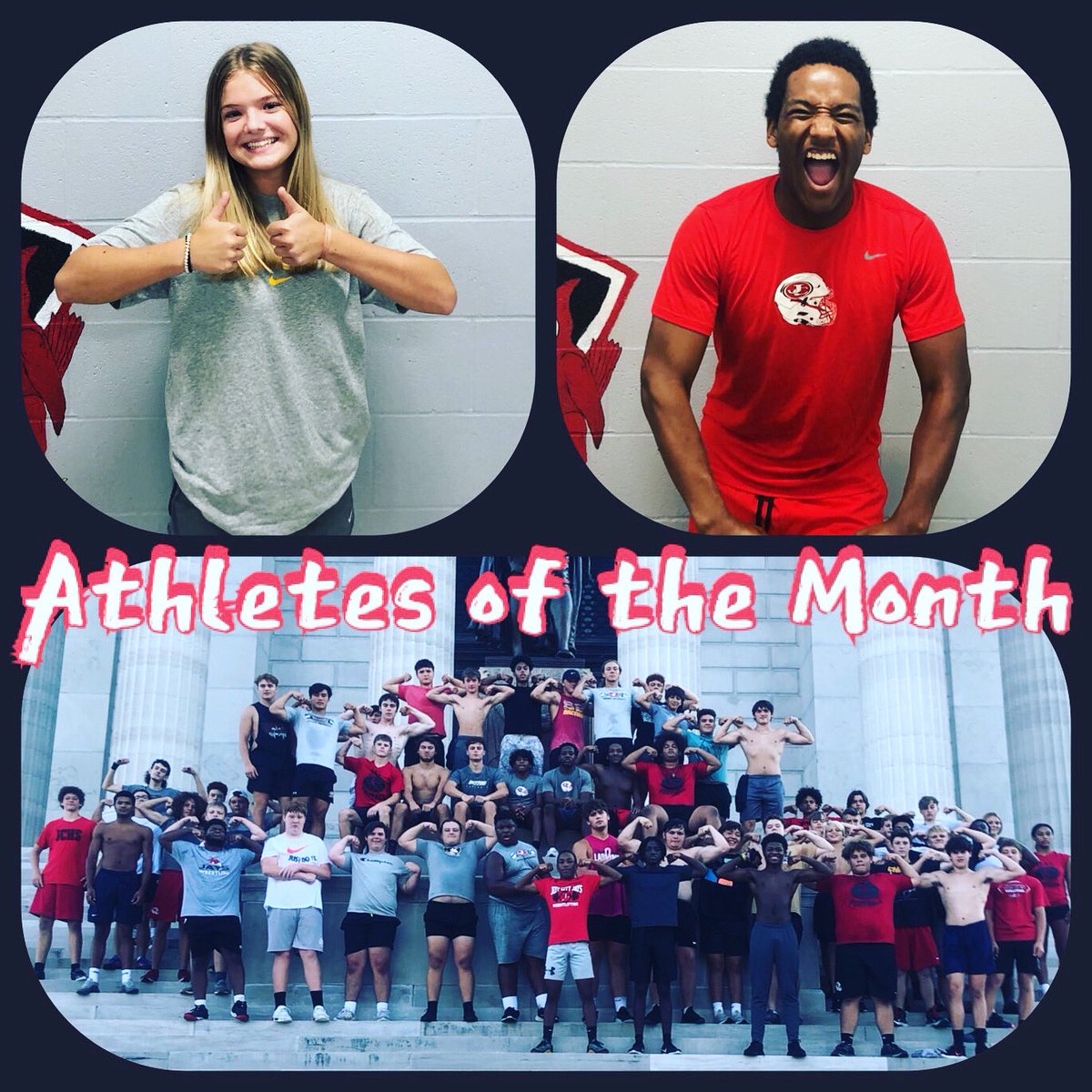 Shout out to our Athletes of the Month for July!! The dog days of summer were more fun training times at JC. Football attendance and accountability were at an all time high earning them the W. Female: Addison S ; Male: Kendel Y ; Group: Football