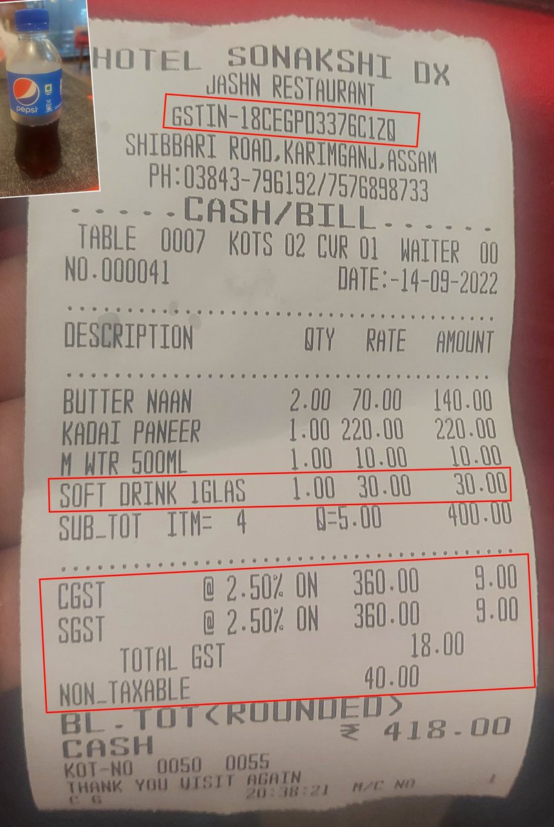 BarakTrending's tweet photo. Dear @GST_Council 

• 200ml @pepsi MRP Rs 20.00 is sold to me in Rs 30.00

• From the GSTIN NO in Bill i could learn that Tax Payer Type is Composition.

• Composition Scheme Restaurants – No Tax Applicable to Customers.

Why GST is charged to me ? 

@askGST_Goi @FinMinIndia https://t.co/mckf9tiHXT