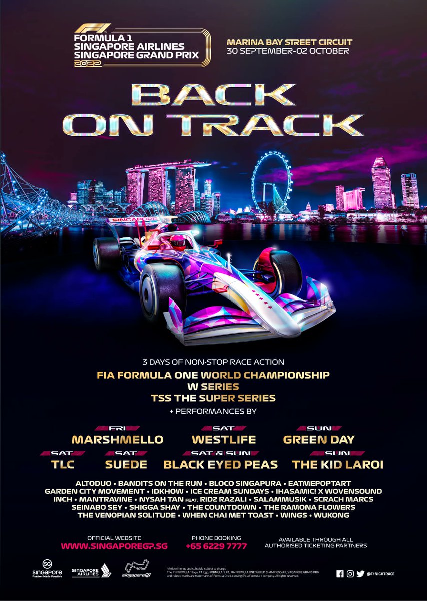 mtgh's tweet photo. The Singapore @F1NightRace is back on track this year with performances by @bep, @westlifemusic, @GreenDay, @OfficialTLC, @suedeHQ, @iDKHOW, @marshmello, @thekidlaroi, @TheVenopianSoli, @ShiGGaShay and more from 30 Sep - 2 Oct — get your tickets now from https://t.co/FkmaLfgXeE! https://t.co/NPVjA09S2j