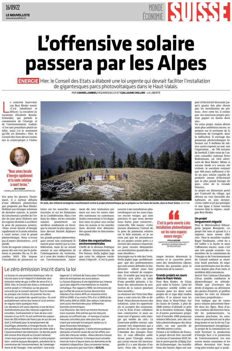 RaphaelArlettaz's tweet image. De gigantesques parcs photovoltaïques ds les Alpes. La Suisse a-t-elle vendu son âme? Même les ⁦@LesVertsSuisses⁩ soutiennent. L’espoir écologique est pour moi mort avec ce viol de nos derniers paysages intacts. ⁦@biodiversityCH⁩ ⁦@ProNaturaSuisse⁩