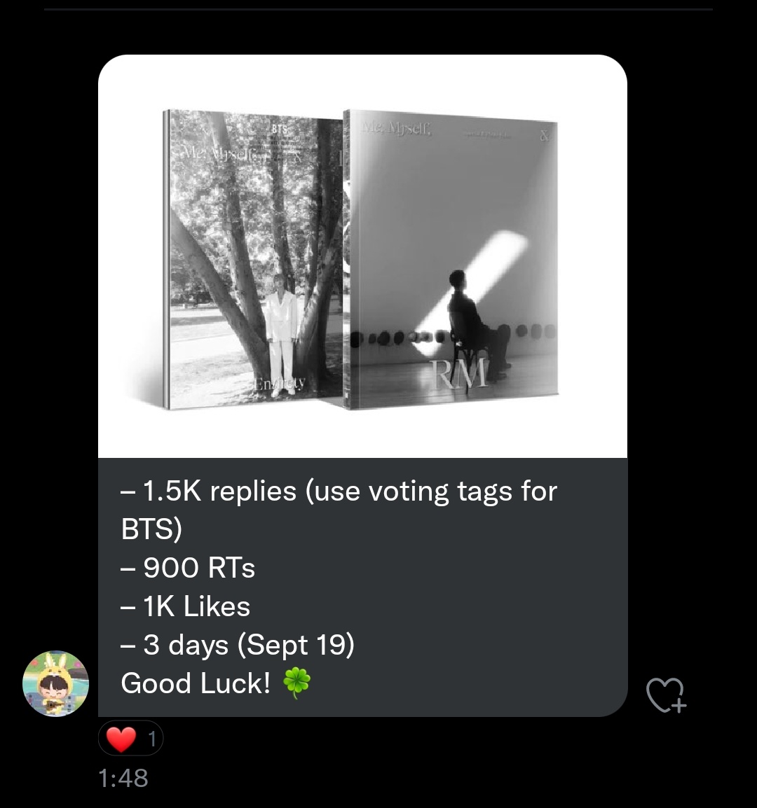 RMVK00K's tweet photo. Hi Guys! I got a retweet deal from @armysonto for Joon photofolio!! Please help me win this. I need your help💜
-1.5K replies (use voting tags for BTS)
-900K rts
-1K likes
Till 19th September
Pls help me reach this goal. Tysm 🥹 https://t.co/AqxjAsAOLQ