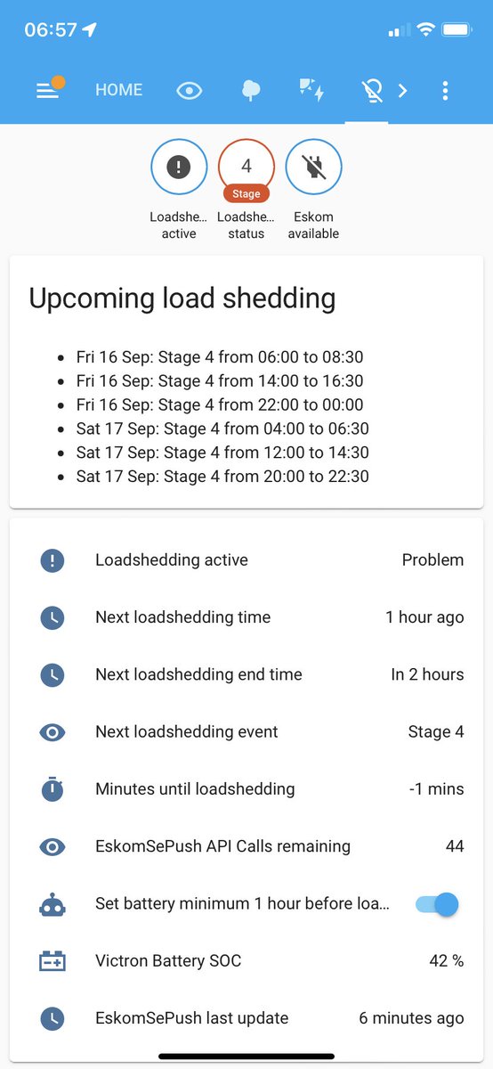 ebendl's tweet photo. @EskomSePush loving the API - here seen in Home Assistant. https://t.co/UQPpSqWU21