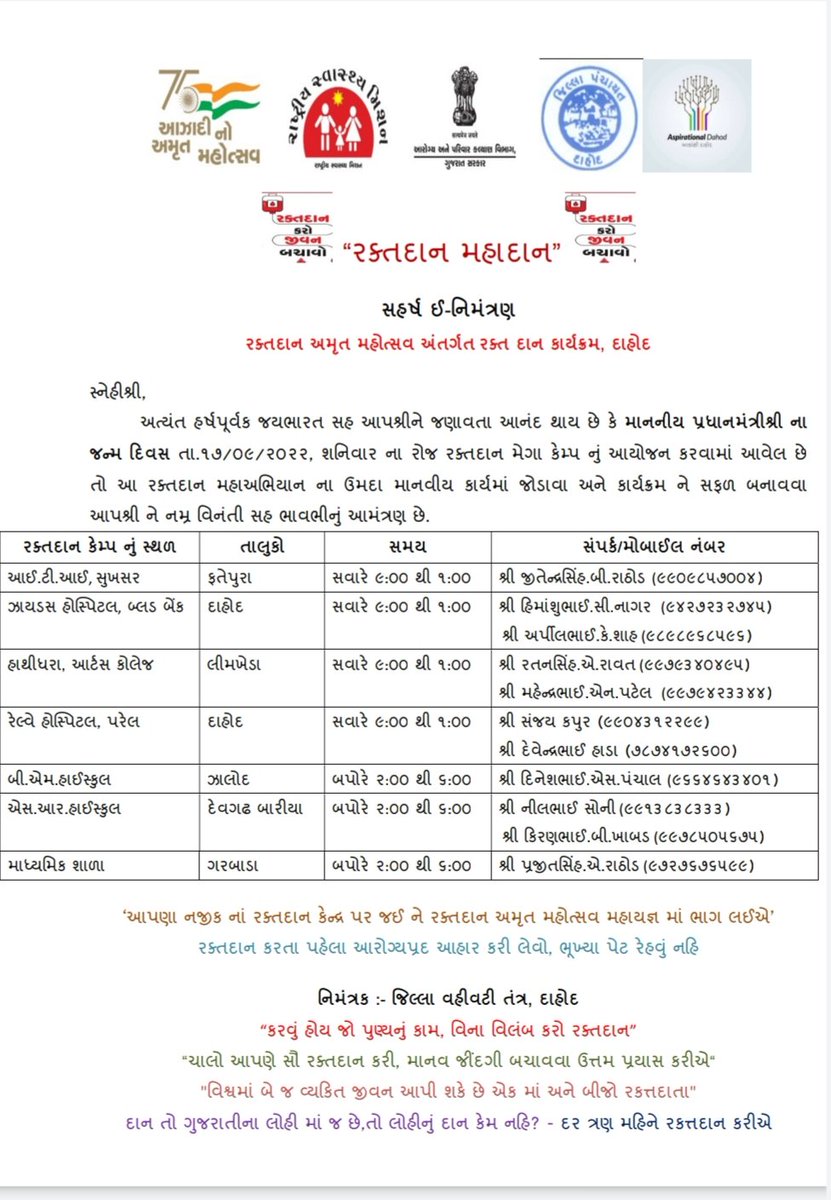 A mega blood donation camp has been organised tomorrow on 17th September,2022 
All the friends from media are invited for this noble cause. lets try to maximize blood donation and participation
Remember :- Our blood can save a life in case of emergency
<a href="/CollectorDahod/">Collector Dahod</a> <a href="/DahodDdo/">DDO Dahod</a>