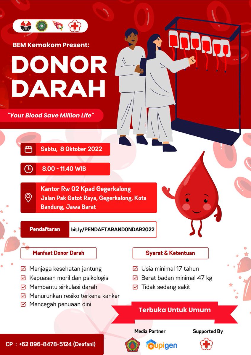 Hai warga kemakom! Apa kabar? 👋

Kali ini kita mau mengabari bahwa Divisi Advokasi, Sosial, dan Politik (Divadsospol) BEM Kemakom UPI akan mengadakan kegiatan Donor Darah loh! Untuk menolong sesama, ayo daftarkan diri kamu di link dibawah ini ya! 😁

bit.ly/PENDAFTARANDON…